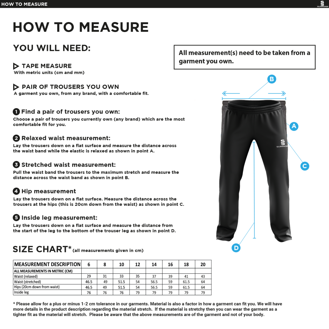 Shalford CC - Women's Ripstop Track Pant - Size Guide