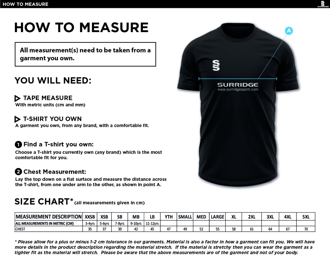 Shalford CC - Blade Polo Shirt - Size Guide