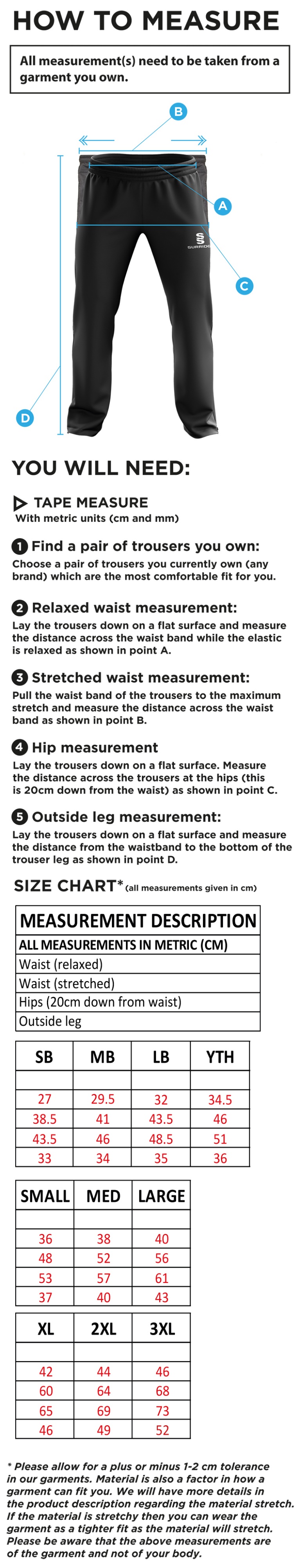 Shalford CC - Ripstop Track Pant - Size Guide