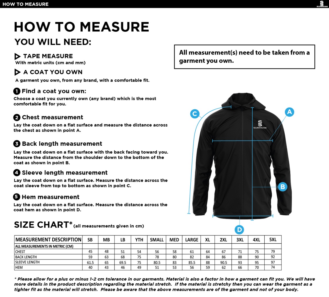 Shalford CC - Training Jacket - Size Guide