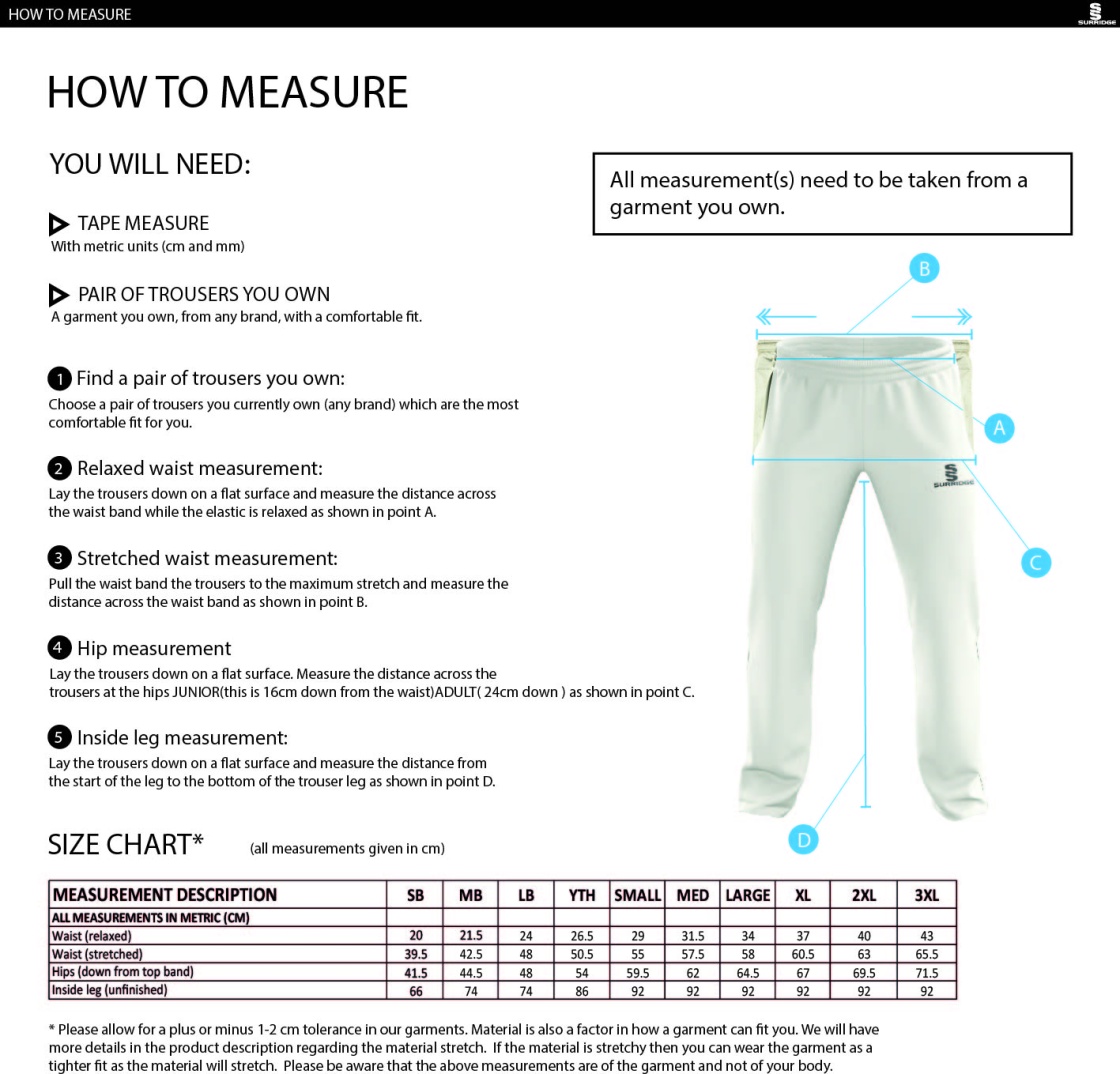 Shalford CC - Standard Playing Pant - Size Guide