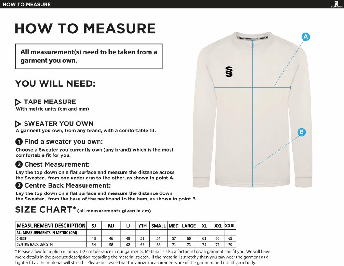 Shalford CC - Blast Long Sleeve Cricket Sweater - Size Guide