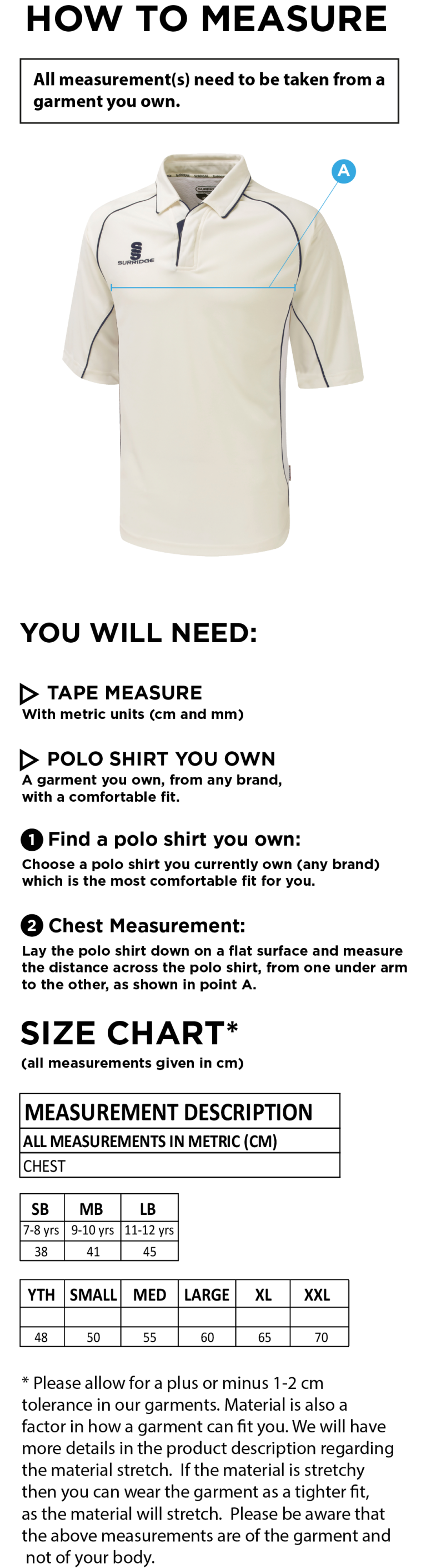 Shalford CC - Premier 3/4 Sleeve Navy Trim Shirt - Size Guide