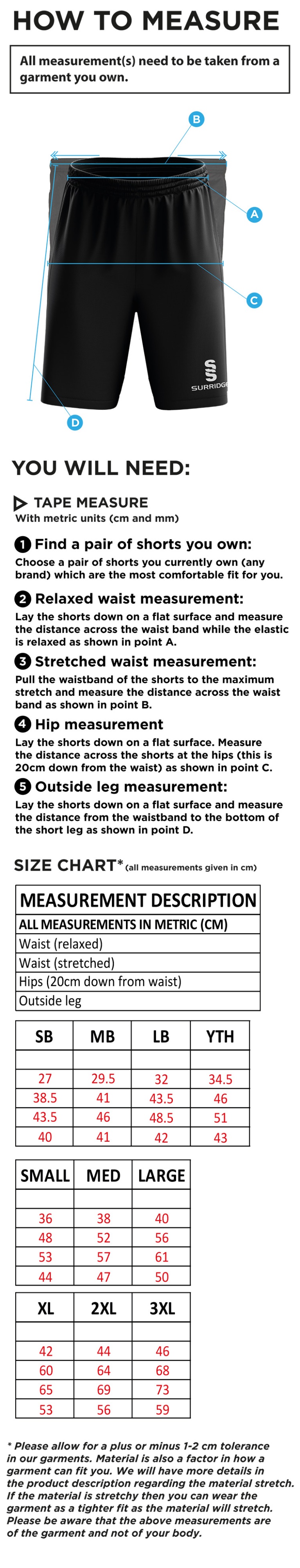 Shalford CC - Ripstop Short - Size Guide