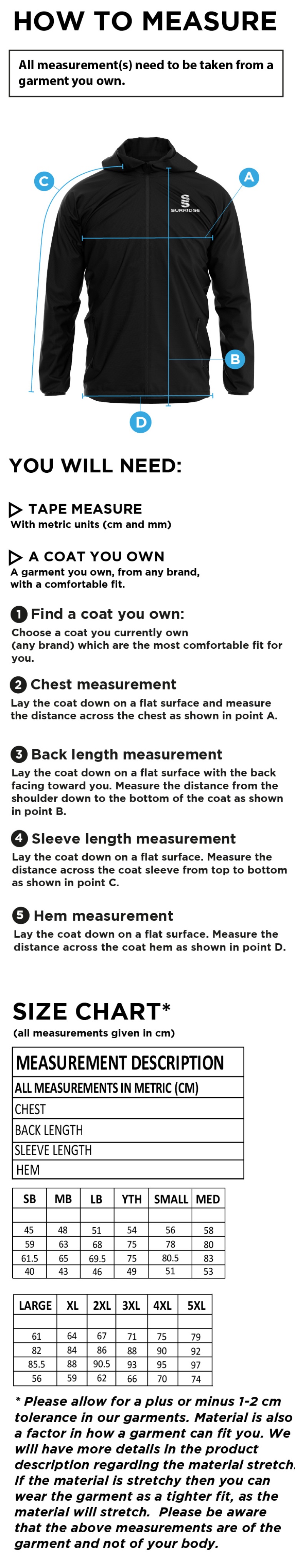 Shalford CC - Training Jacket - Size Guide
