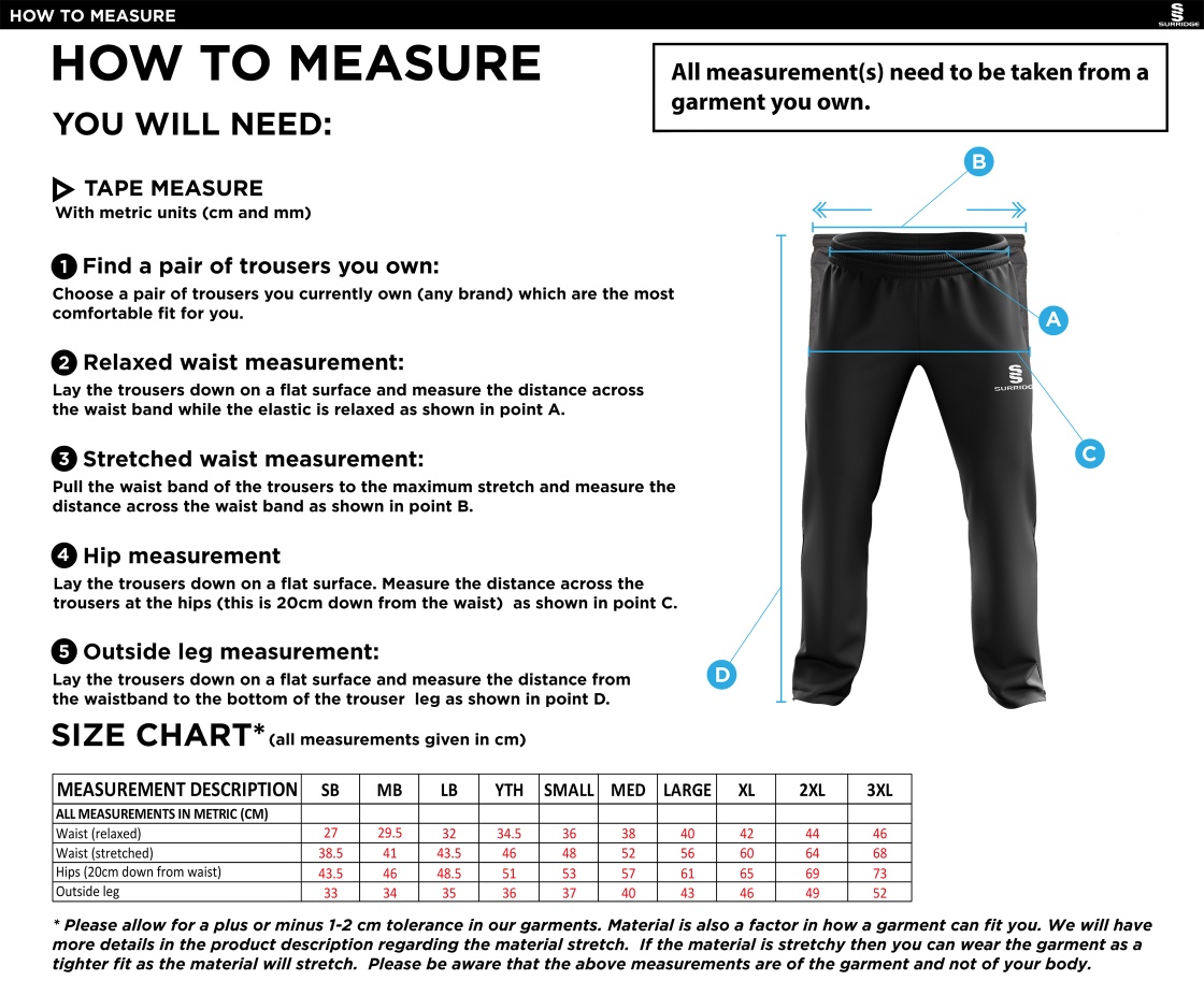 Shalford CC - Ripstop Track Pant - Size Guide
