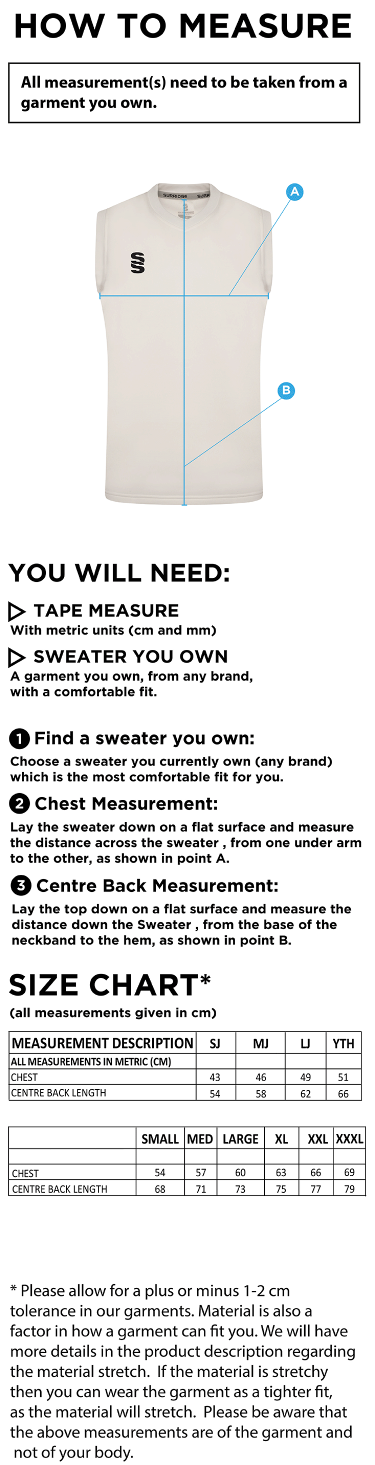 Shalford CC - Blast Sleeveless Cricket Sweater - Size Guide