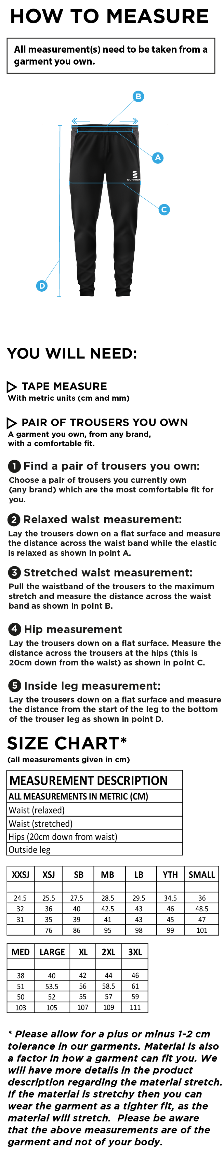 Shalford CC - Tek Slim Training Pants - Size Guide