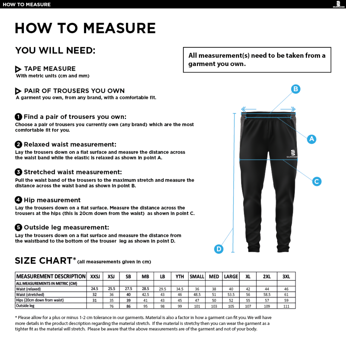 Shalford CC - Tek Slim Training Pants - Size Guide
