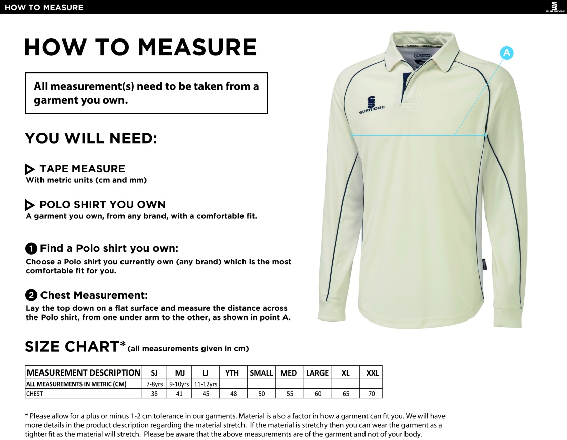 Shalford CC - Premier Long Sleeve Navy Trim Shirt - Size Guide