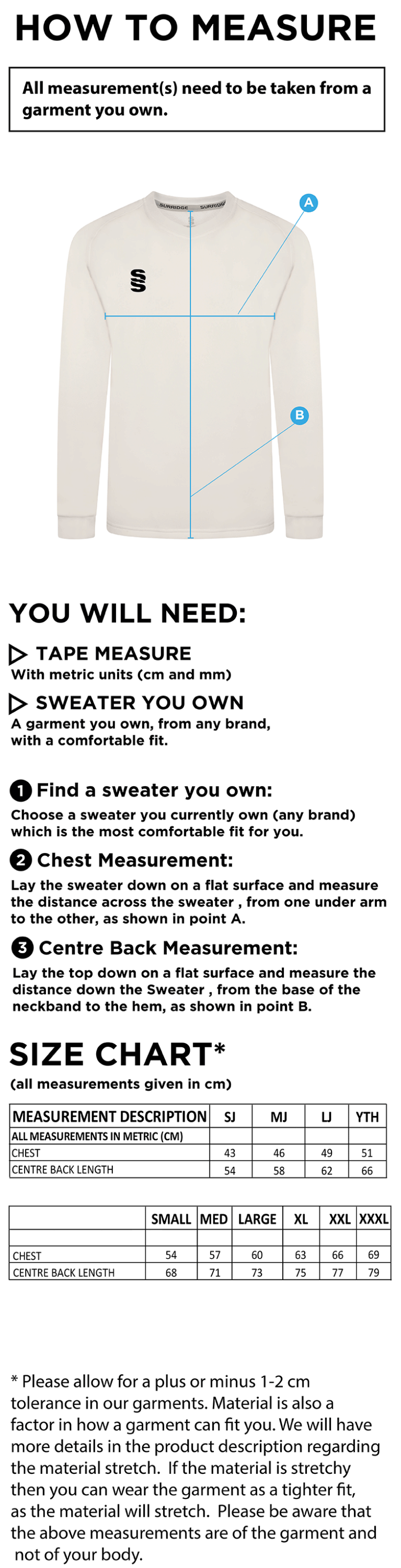 Shalford CC - Blast Long Sleeve Cricket Sweater - Size Guide