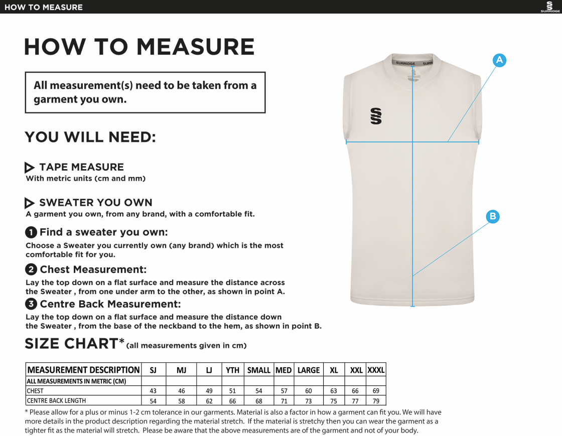 Shalford CC - Blast Sleeveless Cricket Sweater - Size Guide