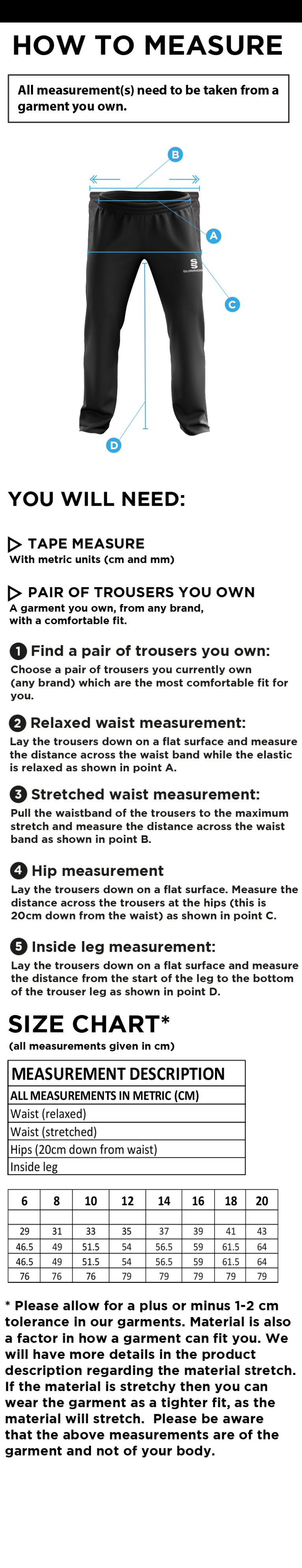 Shalford CC - Women's Ripstop Track Pant - Size Guide