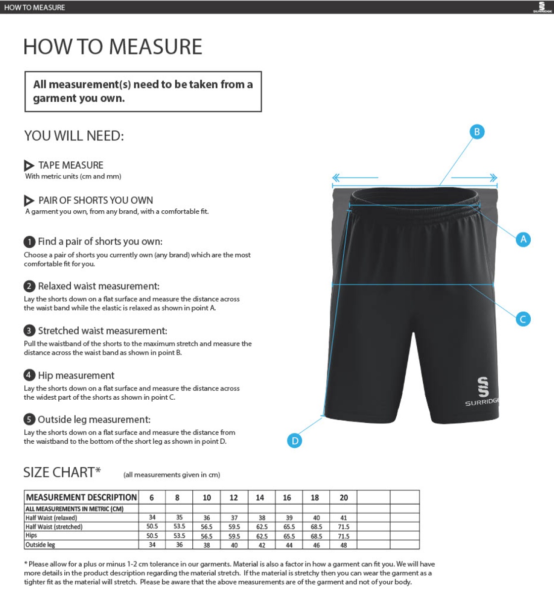 Shalford CC - Women's Ripstop Short - Size Guide