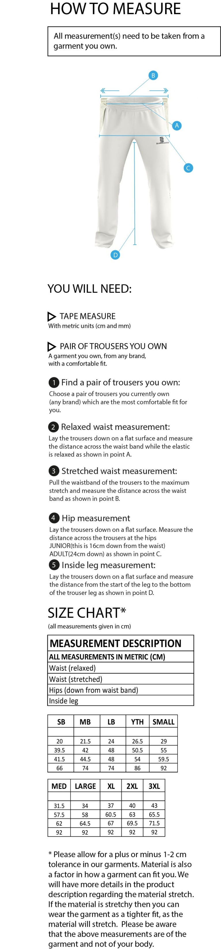 Shalford CC - Standard Playing Pant - Size Guide