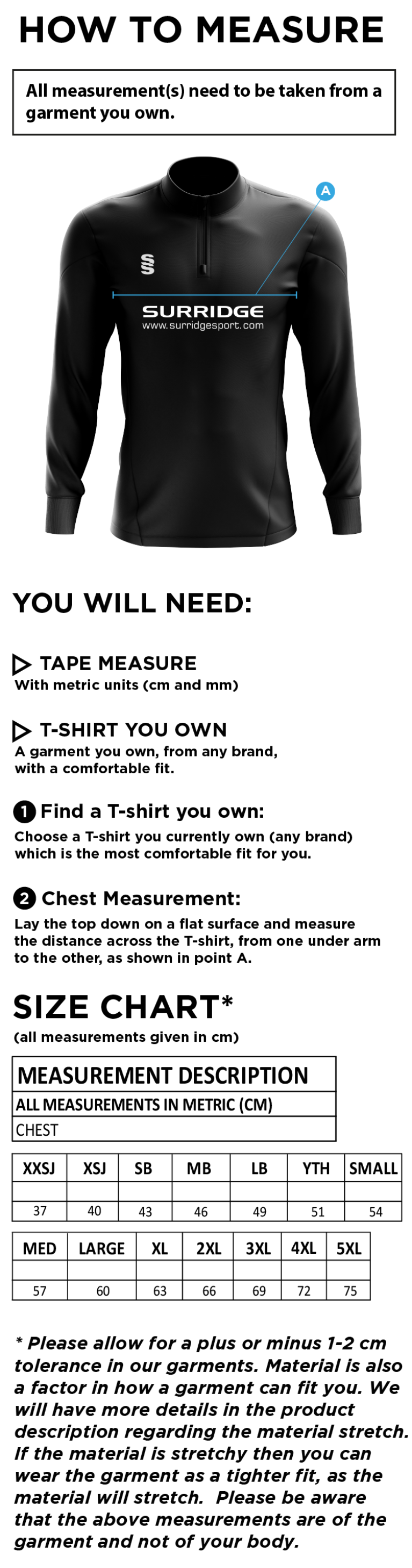 Shalford CC - Blade Performance Top - Size Guide