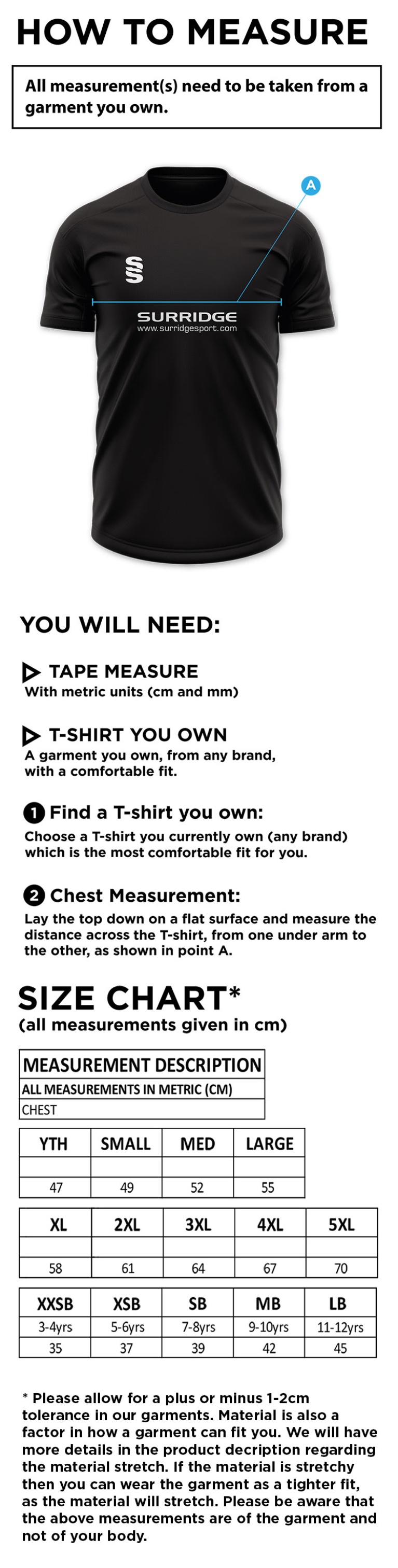 Shalford CC - Blade Training Shirt - Size Guide